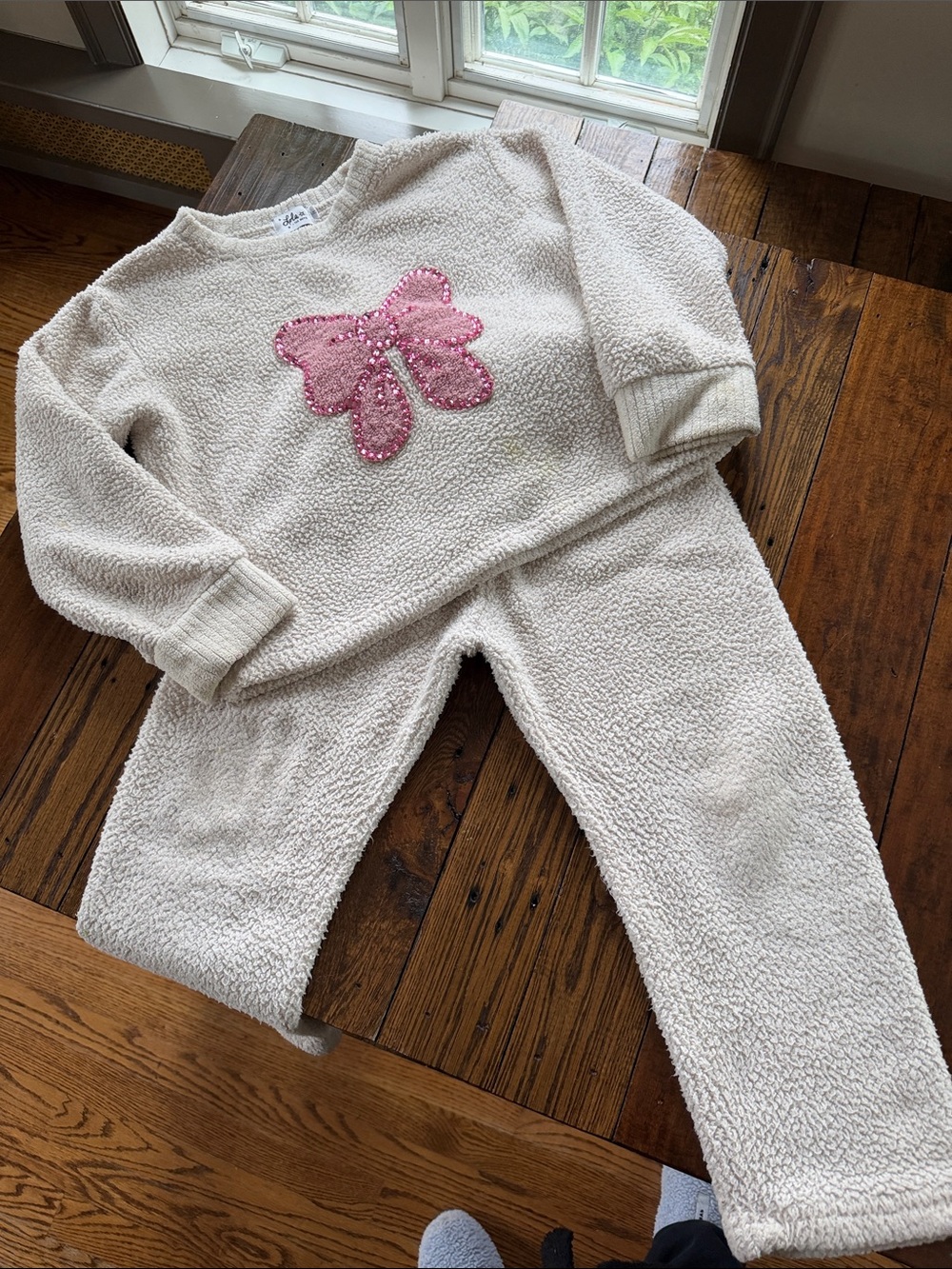 Lola + The Boys Cream Sherpa Pajama Set with Pink Bow Detail